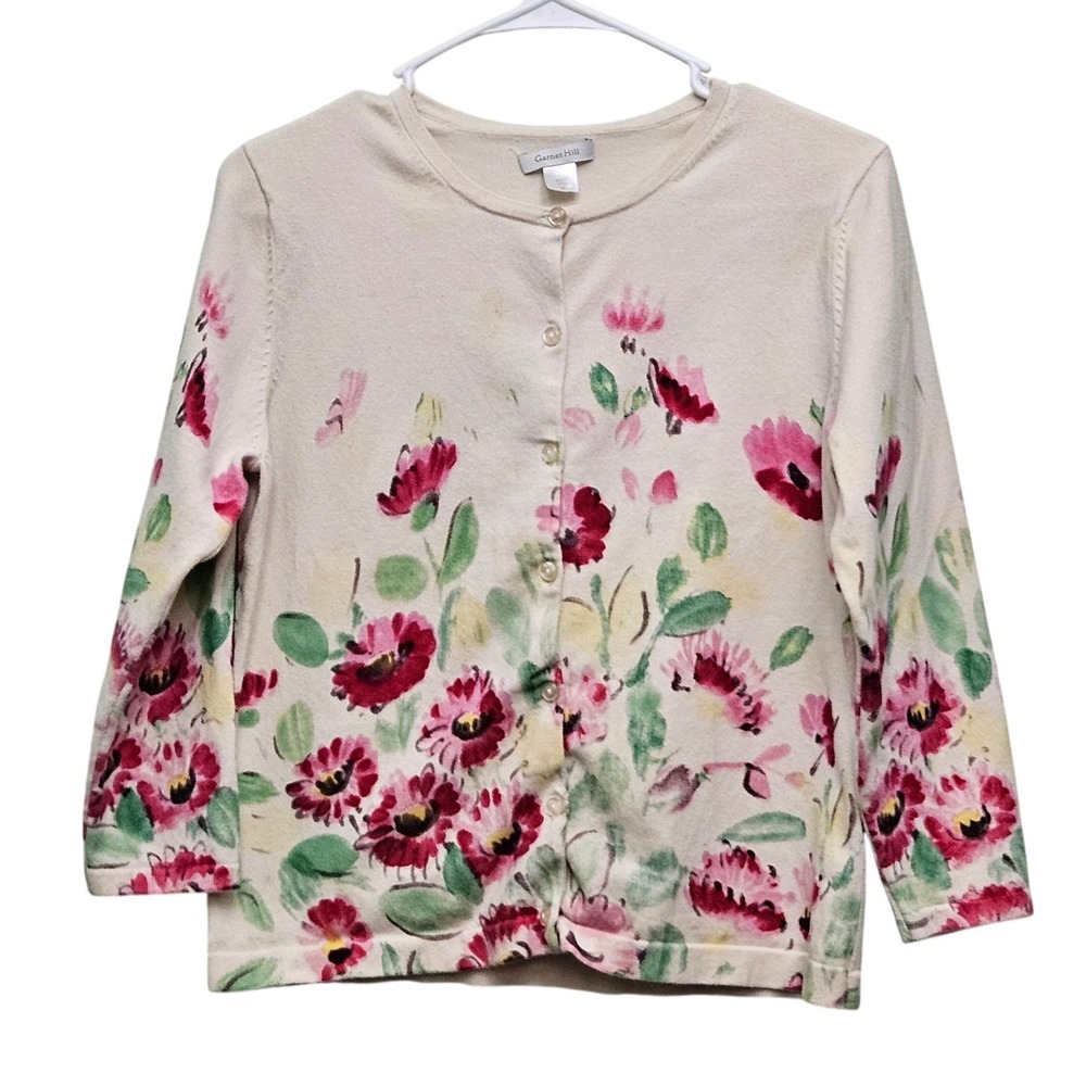 Garnet Hill Cardigan Women Medium Beige Pink Floral Watercolor Cotton Knit Top